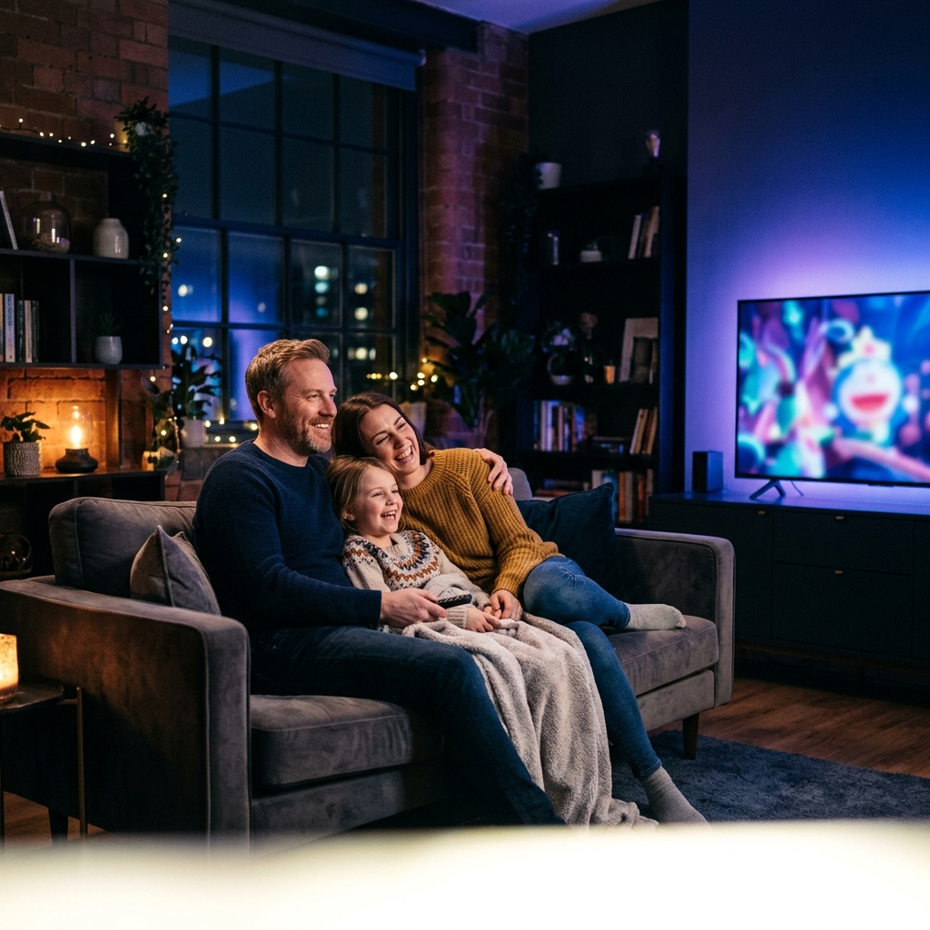 Family watching LuminaryTV IPTV on TV